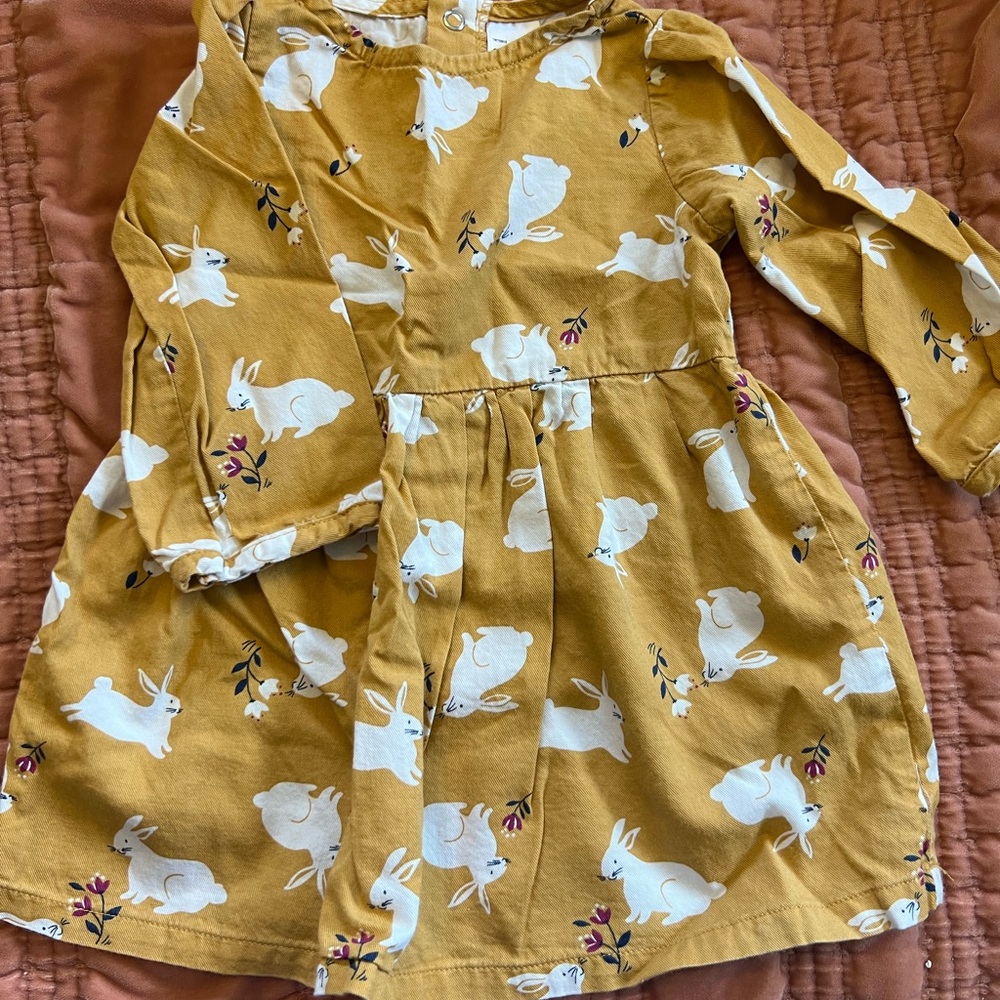 Charming Mustard Bunny Print Kids Dress